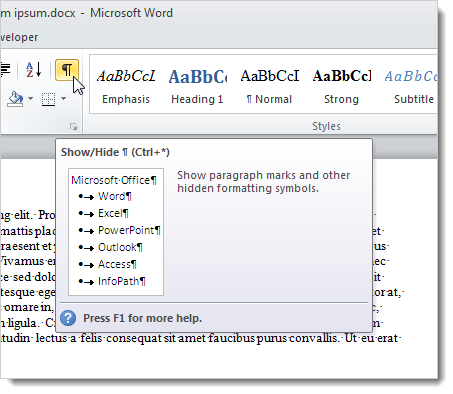 hide formatting marks in word for mac 2010